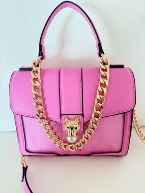 NWT ALDO TOP HANDLE CROSSBODY BAG MESH FRONT LEOPARD PANTHER HEAD PEARL PINK